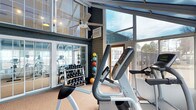 This fitness center is designed to provide an energizing and well-lit workout environment. The space is defined by expansive floor-to-ceiling windows that flood the interior with natural light and offer open views of the surrounding outdoors, creating an airy, motivating atmosphere. The soaring ceiling height adds a sense of spaciousness, and a ceiling fan overhead helps maintain comfortable airflow throughout the room.

The facility is thoughtfully equipped to support a variety of workout styles. Cardio machines, including ellipticals and a stationary bike, are positioned to take full advantage of the natural light and outdoor views. A dedicated free weights area features a well-organized dumbbell rack spanning a broad range of sizes, reflected in a large wall mirror that enhances the sense of depth within the space. A medicine ball rack adds to the strength training options available.

The neutral-toned carpet underfoot provides comfort during workouts, while the dark-painted walls and structural framing lend the space a modern, purposeful aesthetic. The combination of abundant natural light, high ceilings, and comprehensive equipment makes this fitness center a functional and inviting space for daily exercise.
