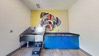 Located at 1801 Meridian St in Nashville, Tennessee, this single-floor pet grooming facility is designed with both functionality and personality in mind. The space immediately captures attention with its bold, colorful wall murals depicting dogs in a vivid, mixed-media artistic style, set against a yellow brick backdrop that adds warmth and character to the room.

The grooming area is outfitted with a professional-grade stainless steel pet bathing tub complete with an integrated ramp and step system for easy pet access. Bright blue cabinetry lines the walls, providing ample storage beneath dark speckled countertops fitted with a stainless steel utility sink — ideal for grooming preparations and cleanup. A wall-mounted professional pet dryer with dual blower hoses is conveniently installed on a vibrant cobalt blue accent wall, ensuring efficient drying capabilities.

The flooring throughout is polished concrete, offering durability and easy maintenance well-suited to a grooming environment. A recessed floor access panel adds to the facility's practical infrastructure. Safety is addressed with a wall-mounted fire extinguisher cabinet prominently positioned for quick access.

Natural light filters in through a full-length glass door that opens to a fenced outdoor balcony area, offering views of surrounding greenery and providing ventilation. The overall design balances a fun, pet-friendly atmosphere with the professional-grade equipment and practical layout required for an efficient grooming operation.