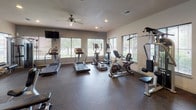 This fitness center is a comprehensively outfitted facility designed to support a wide range of workout routines. The space is organized across a single floor and features durable rubber flooring throughout, providing cushioning and safety for various exercises. Natural light fills the room through multiple windows dressed with horizontal blinds, offering views of surrounding greenery and contributing to an open, energizing atmosphere. Recessed lighting and ceiling fans with light fixtures supplement the natural light and ensure comfortable air circulation throughout the space.

The cardio area is equipped with multiple treadmills, elliptical machines, and a stationary bike, all positioned near the windows to take advantage of the natural light and outdoor views. A wall-mounted television provides entertainment during cardio sessions. The strength training area features a multi-station cable machine, adjustable weight benches, a full dumbbell rack, a kettlebell rack with varying weights, and a medicine ball tower. Large wall mirrors in the strength zone enhance the sense of space while allowing users to monitor their form. A wall-mounted workout mat rounds out the functional fitness options available in the space.