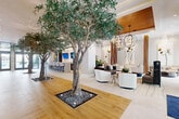 Located at 1 Main St in Miramar, Florida, this elegantly designed lobby entrance makes a striking first impression with its expansive, open single-floor layout. The space is anchored by a series of full-grown indoor trees planted directly into the floor with decorative stone beds, creating a seamless blend of nature and architecture that is both visually dramatic and refreshing.

Wide-plank hardwood flooring flows throughout the central corridor, complemented by large-format tile in the surrounding lounge areas. The ceiling features a warm wood-paneled inset with sculptural orb chandeliers that cast a sophisticated glow over the seating areas below. Recessed lighting and floor-level spotlights further enhance the ambiance throughout the day.

A distinctive reception desk is framed by an artistic installation of angled wooden poles rising from a pebbled base, serving as both a functional and decorative focal point. Multiple lounge zones are furnished with contemporary pieces — leather sofas, rounded accent chairs, wood coffee tables, and Moroccan-style poufs — arranged to encourage both social interaction and quiet seating.

Floor-to-ceiling windows and glass doors flood the space with natural light while offering open views of the landscaped exterior. Curated artwork, lush greenery in statement planters, and thoughtful decorative accents complete the refined, resort-inspired atmosphere of this impressive entrance.
