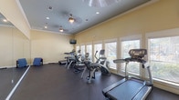 This well-equipped fitness center in Conroe, TX, 77304, is a single-floor facility designed to support a comprehensive workout experience. The space features warm yellow-toned walls, crown molding, and a tray ceiling with recessed lighting and ceiling fans, creating a comfortable and well-ventilated environment for exercise.

The cardio zone is generously outfitted with multiple treadmills, elliptical trainers, a recumbent bike, and stair-stepper machines, all positioned along a wall of large, slatted windows that flood the room with natural light and offer views of the outdoor surroundings. Wall-mounted flat-screen televisions are strategically placed throughout the space for entertainment during workouts.

A full-wall mirror runs along one side of the facility, visually expanding the space and providing users with form feedback during strength or flexibility training. A freestanding dumbbell rack with a complete set of hex weights occupies a dedicated corner, accompanied by additional free-weight accessories such as medicine balls. The dark rubber flooring throughout provides cushioning and durability suited for high-impact activity.

Entry is through elegant French doors with glass panel inserts, lending a refined aesthetic to the functional space. The fitness center is also equipped with a hand sanitizer dispenser and posted facility rules, reflecting attention to cleanliness and user experience.