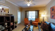 This single-floor living space is designed with comfort and functionality in mind. The main living area features warm, golden-toned walls that create an inviting ambiance throughout. Crown molding adds a refined architectural detail along the ceiling perimeter, while a ceiling fan with a built-in light fixture serves as a practical central fixture overhead.

Natural light flows generously into the room through two windows dressed with layered window treatments, combining white horizontal blinds with decorative patterned curtains for both light control and style. A glass-panel door with integrated blinds provides additional brightness and access to the exterior.

The living area is thoughtfully arranged with plush carpeted flooring underfoot, contributing to the room's cozy atmosphere. A pair of bold orange accent chairs serves as focal seating elements, complemented by a dark coffee table and a leather sofa. A floor lamp in the corner adds warm ambient lighting. Built-in shelving along one wall offers practical display and storage options. Decorative greenery and natural wood accents enhance the overall warmth of the space.