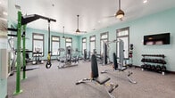 This fitness center offers a comprehensive workout environment designed to accommodate a wide range of exercise needs. The space is finished with soft mint-green walls and neutral-toned carpet flooring, creating a clean and energizing atmosphere throughout. Recessed lighting is complemented by stylish pendant-mounted ceiling fans that provide both illumination and air circulation, contributing to a comfortable workout environment.

Large, dark-framed windows with slatted blinds line multiple walls, allowing generous natural light to filter in while maintaining privacy. A full-length mirror along one wall visually expands the space and aids in form monitoring during exercise.

The fitness floor is thoughtfully organized with distinct zones. Cardio equipment includes treadmills and a recumbent bike positioned along the perimeter. A dedicated strength training area features multiple cable and selectorized machines suited for a variety of muscle groups. A free weight section offers a tiered dumbbell rack alongside adjustable benches, while a wall-mounted television provides entertainment. A functional training zone is anchored by a green power rack stocked with medicine balls and suspension training equipment, ideal for dynamic, full-body workouts. The space is accessed through glass-panel doors and includes posted fitness center guidelines for users.