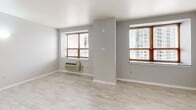 Located at 60 Paterson St in New Brunswick, NJ, this one-bedroom, one-bathroom residence offers a well-organized single-floor layout with a clean, modern aesthetic. Light wood-look plank flooring runs throughout the main living areas, complemented by neutral gray walls and white trim that create a bright, cohesive atmosphere. The open-concept kitchen and living room provides a functional and versatile shared space. The kitchen is appointed with rich dark cabinetry, light countertops, stainless steel appliances including a gas range, microwave, refrigerator, and dishwasher, along with a subway tile backsplash. A pass-through window connects the kitchen to the living area, enhancing the open feel. The living room features dual windows with wood-framed blinds, offering urban views of the surrounding New Brunswick skyline and bringing in generous natural light. The bedroom is carpeted for comfort and includes a window with city views, a wall unit for climate control, and direct access to both the bathroom and a dedicated walk-in closet. The walk-in closet is outfitted with built-in shelving and hanging rods, offering excellent storage capacity. The bathroom is finished with large-format gray tile on both the floors and walls, featuring a soaking tub with an overhead shower, a tiled niche, and a clean, modern design throughout.