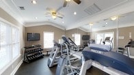 This fitness center offers a thoughtfully designed workout space built to accommodate a range of exercise needs. The room features vaulted ceilings adorned with crown molding and dual ceiling fans, creating a comfortable and well-ventilated environment during workouts. Recessed lighting throughout ensures the space is consistently well-lit.

The facility is outfitted with professional-grade Precor cardio equipment, including treadmills, elliptical trainers, and stair climbers, providing members with versatile options for cardiovascular training. A dedicated free weight section includes a full rack of dumbbells, catering to strength training routines. Wall-to-wall mirrors span one side of the room, enhancing the sense of space while allowing users to monitor their form. Mounted flat-screen televisions are positioned throughout the room for entertainment during workouts.

Natural light filters in through multiple windows along the walls, contributing to an open and energizing atmosphere. The flooring is finished with durable rubber matting, ideal for a high-traffic fitness environment. The warm, neutral wall tones and clean architectural details give the space a polished, welcoming feel that balances functionality with comfort.