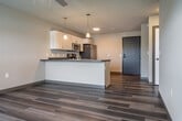This single-floor unit is designed with a clean, contemporary aesthetic throughout. The open-concept kitchen and living area serves as the central hub of the space, featuring wood-style plank flooring in a cool grey-brown tone, neutral wall colors, and a ceiling fan overhead. The kitchen is well-appointed with light wood cabinetry, dark countertops, and a full suite of stainless steel appliances, including a refrigerator, electric range, over-the-range microwave, and dishwasher. Pendant lighting above the kitchen island adds a modern touch, while large windows at the far end of the living area fill the space with natural light and provide elevated views of the surrounding neighborhood.

The bedrooms offer a softer feel with plush carpeting, neutral walls, and large windows that continue to bring in natural light and outdoor scenery. Additional rooms feature the same wood-style flooring found in the main living area, maintaining a cohesive design throughout. The bathroom is finished with light wood vanity cabinetry, a white countertop, a large mirror with built-in shelving, and matching wood-style flooring, creating a bright and functional space. Overall, the unit presents a well-coordinated, move-in-ready environment with consistent modern finishes.