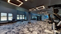 This well-appointed fitness center is designed to deliver a comprehensive workout experience within a thoughtfully organized, single-floor layout. The space is defined by its striking architectural features, including soaring double-height ceilings in select areas that create an open, airy atmosphere. Large windows line the perimeter walls, flooding the interior with natural light and offering views of the surrounding outdoors.

The flooring throughout consists of stylish, patterned carpet tiles in neutral tones that add visual texture while providing a comfortable surface underfoot. A series of bold, geometric square pendant light fixtures hang from the ceiling, casting warm, focused light across the entire facility and contributing to the space's modern aesthetic.

The fitness center is organized into distinct functional zones. A dedicated cardio area features treadmills, stationary bikes, and an elliptical trainer, all positioned near large windows and beneath high ceilings with vibrant abstract artwork adorning the blue accent walls. The strength training zone is equipped with a variety of cable machines, weight racks, and adjustable benches, complemented by floor-to-ceiling mirrors that enhance the sense of space. A large flat-screen display is mounted on one wall for added motivation. Glass-panel doors and partitions add a polished, professional touch throughout the facility.