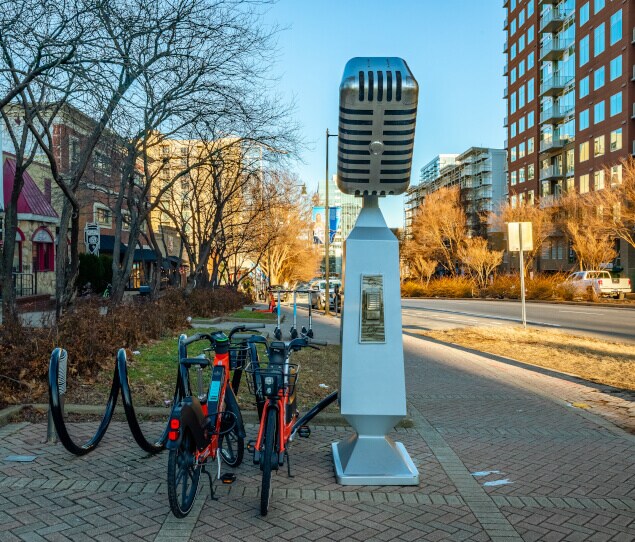 A giant microphone on display in Music Row.
