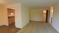 This single-floor space features an open-concept layout that connects the main living area to adjacent rooms in a functional, straightforward design. The living area is finished with wall-to-wall carpet in a neutral beige tone, creating a soft, understated foundation for the space. Smooth, off-white walls and standard-height ceilings run throughout, lending a clean and cohesive aesthetic.

A partial dividing wall separates the living area from the kitchen zone, which transitions to a harder flooring surface, likely a wood-style finish. The kitchen features warm-toned wooden cabinetry visible along the upper and lower sections, paired with a white appliance — likely a refrigerator — positioned near the counter. A sink area is also visible along the kitchen wall.

The open passage on the far right of the living area leads to an additional room, suggesting the layout includes a dedicated bedroom or secondary living space. Electrical outlets are distributed along the baseboards, and a ceiling vent is visible, indicating a central HVAC system. Overall, the space offers a practical, move-in-ready layout with a neutral palette suited to a range of interior styles.