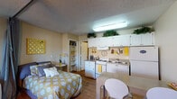 Located at 5104 E Van Buren St in Phoenix, AZ, this studio offers a thoughtfully organized, single-floor open-concept layout that maximizes every square foot. The main living area features warm hardwood-style flooring throughout, a ceiling fan with overhead lighting, and a wall-mounted TV setup. A window near the entrance allows natural light to filter in, brightening the space. A curtain partition provides a flexible way to define the sleeping area from the living space, adding a sense of separation without sacrificing openness. The kitchen is efficiently designed with white cabinetry extending to the upper walls, a coil-burner electric range, a double-basin stainless steel sink, a refrigerator, and granite-style countertops. A built-in range hood and under-cabinet storage rack add practicality. Upper cabinet space is maximized with greenery displayed along the tops, adding visual warmth. The bathroom includes a vanity with a single-basin sink and granite-style countertop, framed mirror, and access to a dedicated walk-in closet with built-in shelving and hanging rods. A wall-mounted HVAC unit provides climate control. The textured ceiling and neutral wall tones throughout contribute to a functional and cohesive aesthetic well-suited for single-occupant living.