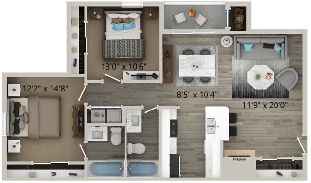 Plano de planta de dos dormitorios y un baño - Elliot Pioneer