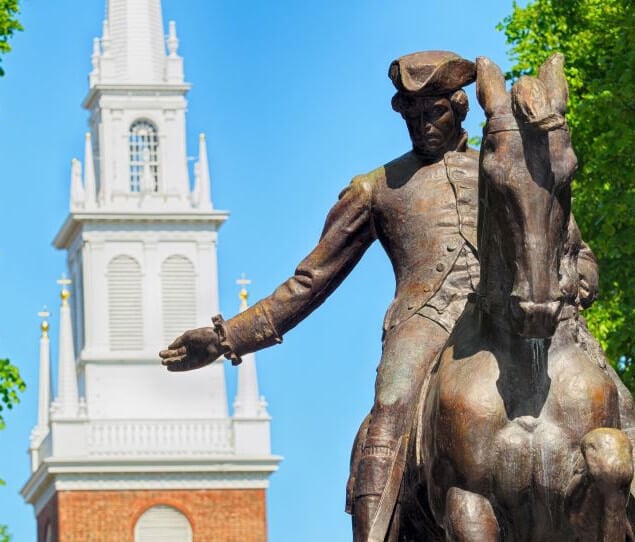 A statue of Paul Revere, commemorating North End’s history