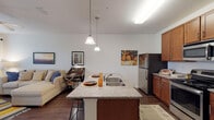 This single-story residence is designed with an open-concept layout that seamlessly connects the kitchen, dining, and living areas. The kitchen is a functional centerpiece, outfitted with warm medium-toned wood cabinetry, granite-style countertops, and a full suite of stainless steel appliances including a refrigerator, range, microwave, and dishwasher. A kitchen island with a built-in sink and bar seating serves as both a prep space and casual dining area, with pendant lighting overhead adding a polished touch. Dark hardwood-style flooring runs throughout the main living areas, providing a cohesive and durable surface.

The living room receives natural light through multiple windows dressed with blinds and curtain panels, creating a bright and welcoming atmosphere. A ceiling fan adds comfort to the space.

The bedroom is carpeted and similarly well-lit by natural light through large windows, and also features a ceiling fan. It offers a comfortable, relaxed retreat.

The bathroom is notably elongated, featuring a long vanity with granite-style countertops and ample cabinetry, a large mirror, and a shower-tub combination. Dark hardwood-style flooring continues here, and a hallway leads to an in-unit laundry closet, adding significant everyday convenience.