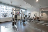 This fitness center is thoughtfully designed to accommodate a comprehensive range of workout routines within a spacious, single-floor layout. The space is divided into distinct functional zones, each outfitted with professional-grade equipment. The cardio area features a row of treadmills, elliptical trainers, and stationary bikes positioned along windowed walls that invite generous natural light and views of the surrounding urban streetscape. Floor-to-ceiling mirrors line multiple walls throughout the facility, visually expanding the space while allowing users to monitor their form.

The strength training zone is well-appointed with cable machines, a multi-functional weight rack, a dedicated free weight section with a full dumbbell rack, and adjustable benches. A flat-screen television is mounted near the strength area for entertainment during workouts. Recessed lighting throughout the ceiling provides consistent, even illumination across all zones.

The flooring consists of durable rubber material suited for high-impact activity, and the neutral white walls contribute to a clean, modern aesthetic. Warm wood-toned entry doors provide a refined contrast to the facility's contemporary design. Open sightlines and an organized layout make the space feel accessible and efficient for users of all fitness levels.