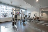 This fitness center is thoughtfully designed to accommodate a comprehensive range of workout routines within a spacious, single-floor layout. The space is divided into distinct functional zones, each outfitted with professional-grade equipment. The cardio area features a row of treadmills, elliptical trainers, and stationary bikes positioned along windowed walls that invite generous natural light and views of the surrounding urban streetscape. Floor-to-ceiling mirrors line multiple walls throughout the facility, visually expanding the space while allowing users to monitor their form.

The strength training zone is well-appointed with cable machines, a multi-functional weight rack, a dedicated free weight section with a full dumbbell rack, and adjustable benches. A flat-screen television is mounted near the strength area for entertainment during workouts. Recessed lighting throughout the ceiling provides consistent, even illumination across all zones.

The flooring consists of durable rubber material suited for high-impact activity, and the neutral white walls contribute to a clean, modern aesthetic. Warm wood-toned entry doors provide a refined contrast to the facility's contemporary design. Open sightlines and an organized layout make the space feel accessible and efficient for users of all fitness levels.