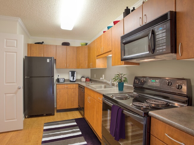 Kitchen with black appliances, oak cabinetry, grey countertops and hard surface flooring - Avalon at Foxhall Apartments