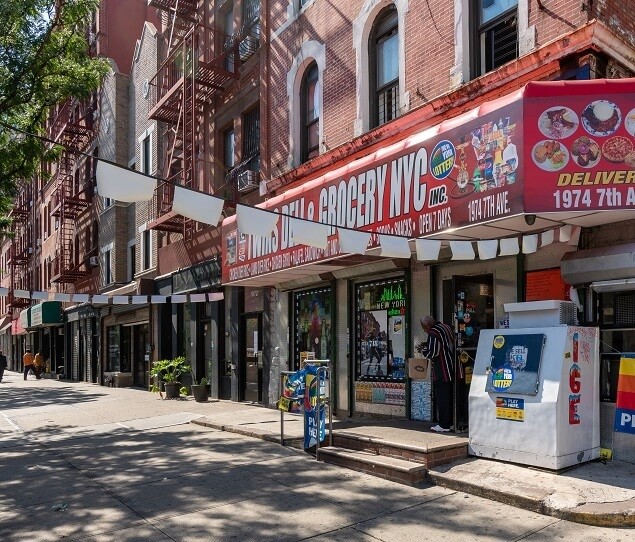 The prerequisite corner deli and apartments along 119th Street