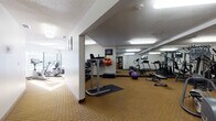 This fitness center is organized across a single floor and divided into distinct functional zones, providing a comprehensive workout environment. The cardio area is situated near large floor-to-ceiling windows that frame outdoor views, allowing natural light to fill the space and creating an open, airy atmosphere for users on stationary bikes, ellipticals, and recumbent machines. Adjacent to this section, a dedicated treadmill zone houses multiple True-brand treadmills alongside wall-mounted artwork and a security camera. The strength training area features a multi-station cable machine and a weight bench, complemented by a full-length wall mirror that visually expands the room and allows users to monitor their form. A separate free weights section includes a tiered dumbbell rack stocked with various weights, a captain's chair, and an assortment of exercise balls in multiple sizes stored on a wall-mounted rack. Rubber floor mats are positioned beneath equipment to protect the gold-toned carpeted flooring throughout. Recessed fluorescent lighting and a textured ceiling provide consistent illumination across all areas. The overall layout is practical and user-friendly, offering a variety of equipment to support both cardiovascular fitness and strength training goals.