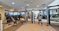 This modern fitness center is thoughtfully designed to support a full range of workout routines. The space is divided into two primary zones: a cardio area and a strength training area, each outfitted with professional-grade Matrix equipment. The cardio section lines the perimeter of large floor-to-ceiling windows, allowing abundant natural light to fill the room and providing views of the surrounding exterior. Treadmills, elliptical trainers, and stationary bikes are neatly arranged for ease of use. The strength training area features a well-stocked dumbbell rack, adjustable weight benches, and cable machines, all positioned alongside expansive mirrored walls that visually expand the space and assist with proper form. Multiple flat-screen monitors are mounted throughout, offering entertainment during workouts. The flooring combines durable hard surfaces with striped carpet accents featuring bold gold and dark tones, adding a stylish, contemporary feel. Exposed brick accents near the entrance add a warm, industrial character, complemented by clean white walls and recessed lighting overhead. The space is accessed through sleek double glass doors and maintains a clean, professional ambiance suited for serious training.