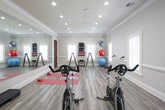 This single-level private fitness studio is thoughtfully designed to support a wide range of exercise disciplines in a clean, bright environment. The room is finished with light-toned hardwood-style flooring throughout, contributing to a spacious and airy feel that complements the overall workout-focused aesthetic.

A large, full-wall mirror spans one side of the room, visually expanding the space and providing functional feedback during exercise. Recessed lighting in the white ceiling, accented by crown molding, ensures even illumination across the room. Multiple plantation-shuttered windows line the walls, allowing natural light to filter in while maintaining privacy.

The studio is equipped with multiple spin bikes positioned for group or solo cycling sessions, along with pink yoga mats and hand weights for floor-based and strength training workouts. A wall-mounted ballet barre adds a dedicated space for barre and stretching routines. A large flat-screen TV is mounted on one wall, ideal for streaming guided workout classes. Additional equipment includes medicine balls, resistance bands, a dumbbell rack, and stability balls stored neatly along the perimeter. A dedicated entry door completes the studio's self-contained layout.