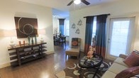 This single-floor residence features an open-concept layout that connects the living and dining areas in a cohesive, flowing arrangement. The living area is anchored by rich hardwood-style flooring that extends throughout the space, lending warmth and continuity. A ceiling fan with an integrated light fixture is centrally positioned, providing both airflow and ambient illumination. The living space accommodates a chaise lounge chair and a round glass-top accent table, complemented by a decorative area rug with earth-toned patterns. A wooden console table with open shelving lines one wall, offering display and storage space. Bold teal and brown curtains frame the windows, echoing the space's warm color palette of terracotta, teal, and chocolate tones. Decorative wall art adds visual interest to the neutral walls. The adjacent dining area benefits from natural light streaming through multiple windows, with track lighting overhead and a formal dining table set for multiple guests. The open sightlines between the two areas enhance the sense of space and create a welcoming, well-appointed interior.