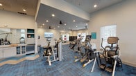 Located at 1626 N Ellison Dr in San Antonio, TX, this modern fitness center is designed to support a comprehensive workout experience. The single-floor facility is thoughtfully laid out, offering distinct zones for cardio, strength training, and flexible exercise. The cardio area is anchored by a row of treadmills positioned in front of large, multi-pane windows that flood the space with natural light and offer views of the surrounding neighborhood. Nearby, a collection of elliptical trainers and stair climbers provides ample options for low-impact cardiovascular workouts. A dedicated strength and functional training zone features a cable machine, free weights, and an assortment of medicine and stability balls. A large floor-to-ceiling mirror visually expands this area while supporting proper form during exercise. Rolled yoga mats mounted on the wall add versatility for stretching and mat-based routines. The flooring features a distinctive blue and tan chevron-patterned carpet that adds a modern, energetic aesthetic throughout the space. Recessed lighting and ceiling fans maintain a comfortable environment, while a wall-mounted TV supports entertainment during workouts. A glass-panel entry door with built-in shelving and a towel station provides a polished, welcoming entrance to the facility.