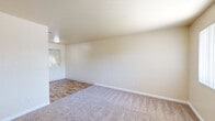 Located at 2401 Connie Dr #35 in Sacramento, California, this single-floor, 2-bedroom, 1-bathroom unit offers a practical and comfortable layout. The kitchen is equipped with warm honey-toned wood cabinetry, granite-look countertops, and wood-look vinyl flooring. It includes a double-basin sink, an electric range with overhead exhaust, and a full-size refrigerator, providing ample storage and functionality. Both bedrooms are carpeted and finished with neutral warm tones, creating a cozy atmosphere. Each bedroom features a large sliding-door closet for generous storage and windows dressed with vertical blinds that allow natural light to filter in. The primary bedroom offers a comfortable footprint with views of the surrounding greenery. The bathroom is well-appointed with wood-look vinyl flooring, a white vanity with storage, and a full tub-and-shower combo unit with built-in shelving. A small window above the tub provides natural ventilation. Throughout the unit, consistent warm beige tones and clean white trim create a cohesive and move-in-ready feel. The overall layout is efficient, making practical use of the available space.