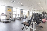 Located at 1700 Simcoe St N in Oshawa, Ontario, this fitness center offers a well-equipped, single-floor open-plan layout designed to accommodate a wide range of workout needs. The space is generously sized, providing ample room for users to move freely between equipment zones without feeling crowded.

The cardio section is positioned along the perimeter, lined with treadmills, elliptical trainers, upright and recumbent stationary bikes, and stair-step machines. Large floor-to-ceiling windows along multiple walls flood the space with abundant natural light and offer views of the surrounding outdoor environment, creating an open and energizing atmosphere. A wall-mounted television near the cycling area allows users to stay informed or entertained during their workouts.

The strength training area features a comprehensive dumbbell rack, a cable and pulley machine, a power rack with a barbell and weight plates, and additional resistance machines. Full-length mirrors line one wall, enhancing the sense of space and allowing users to monitor their form during exercises.

The flooring throughout is durable rubber, suited for both cardio and strength activities. Recessed lighting and a drop ceiling with integrated ventilation ensure a comfortable environment. The overall design is clean, functional, and modern, making this fitness center a practical and well-appointed facility for everyday training.