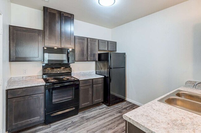 Cocinas totalmente equipadas con electrodomésticos negros - Live Oak Apartments