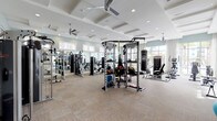 This spacious fitness center offers a full suite of amenities designed to support a wide variety of workout routines. The facility is thoughtfully organized into distinct zones, allowing members to move seamlessly between cardio, strength training, and functional fitness areas. A row of modern treadmills and an elliptical machine face expansive floor-to-ceiling windows, framing lush outdoor views of palm trees and the surrounding community, creating an energizing atmosphere during workouts. The strength training zone is outfitted with a multi-functional cable rack, a heavy punching bag, TRX suspension trainers, and a full complement of selectorized weight machines, all reflected in large wall-mounted mirrors that amplify the sense of space. Rowing machines and recumbent bikes occupy a dedicated area alongside a wall-mounted flat-screen television. A functional training station features stability balls displayed on a freestanding rack, adding a versatile element to the floor plan. The architectural design showcases a coffered ceiling with recessed lighting and ceiling fans, contributing to both the polished aesthetic and comfortable climate control. Neutral-toned carpet tile flooring and soft sage-green walls lend a clean, modern feel throughout. Glass partitions connect the fitness center to adjacent lounge areas, maintaining an open and airy environment.