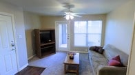 This single-floor space offers a welcoming and functional layout designed for comfortable everyday living. The living room serves as the heart of the home, featuring wall-to-wall carpeting that adds warmth underfoot and a classic ceiling fan with integrated lighting that ensures year-round comfort and illumination. Natural light fills the room generously through a large window fitted with blinds, allowing for easy light control, while a glass-paneled door provides direct access to an outdoor area, further brightening the interior and offering convenient outdoor connectivity. The neutral, warm-toned walls create a versatile backdrop that complements a range of furnishing styles. The room accommodates a comfortable seating area alongside a wooden media console, making it well-suited for both relaxing and entertaining. A wood-toned coffee table anchors the seating arrangement, adding a natural, grounded aesthetic to the space. The transition between hard flooring at the entryway and carpeted living areas subtly defines functional zones within the open layout. Overall, the space presents a practical, light-filled environment with a relaxed, homey ambiance ideal for day-to-day living.