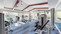 Located at 3924 Calibre Bend Lane in Winter Park, Florida, this fitness center offers a thoughtfully designed workout environment that balances function with architectural appeal. The space is defined by its dramatic vaulted ceiling, accented with bold red exposed beams that lend a distinctive visual character to the room. Recessed lighting and ceiling fans are integrated throughout, ensuring the space remains well-lit and comfortable during workouts.

Large, multi-pane windows line the walls on multiple sides, flooding the interior with natural light and providing expansive views of the surrounding outdoor areas, including what appears to be a pool and lush landscaping. This connection to the outdoors creates an open, airy atmosphere that enhances the overall workout experience.

The fitness floor is covered in stylish, multi-toned blue carpeting in a tile pattern, providing a durable yet visually appealing surface. The space is outfitted with a comprehensive selection of True-brand cardio equipment, including treadmills, ellipticals, and stationary bikes, alongside multi-station cable strength machines and a dumbbell rack. Wall-mounted mirrors on one side of the room further amplify the sense of space and allow users to monitor their form. The combination of high-end equipment, natural light, and refined architectural details makes this a standout community fitness facility.