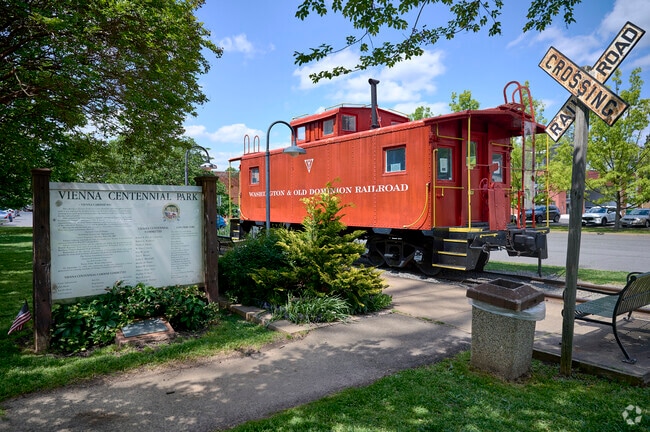 Centennial Park in Vienna has a caboose on display to mark the location of an old railway.