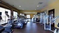 This fitness center is a comprehensive, single-floor facility designed to support a full range of workout routines. The space is thoughtfully laid out, with a dedicated cardio zone along one side featuring a row of treadmills, elliptical machines, and steppers, all positioned near large windows that allow natural light to fill the room and provide an open, energizing atmosphere. The flooring is a durable, dark rubberized material well-suited for high-traffic exercise use. On the opposite side, a strength training area offers a multi-station cable machine, a well-stocked dumbbell rack with a wide range of free weights, and additional resistance equipment. Full-length mirrors line the walls, enhancing the sense of space and allowing users to monitor their form during workouts. Recessed lighting throughout the ceiling provides consistent, even illumination across the entire floor. The warm, neutral-toned walls contribute to an inviting and motivating environment. A wall-mounted flat-screen display is also present, adding convenience for entertainment during workouts. Overall, this fitness center is a well-organized and fully equipped space designed to meet a broad spectrum of fitness needs.