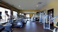 This fitness center is a comprehensive, single-floor facility designed to support a full range of workout routines. The space is thoughtfully laid out, with a dedicated cardio zone along one side featuring a row of treadmills, elliptical machines, and steppers, all positioned near large windows that allow natural light to fill the room and provide an open, energizing atmosphere. The flooring is a durable, dark rubberized material well-suited for high-traffic exercise use. On the opposite side, a strength training area offers a multi-station cable machine, a well-stocked dumbbell rack with a wide range of free weights, and additional resistance equipment. Full-length mirrors line the walls, enhancing the sense of space and allowing users to monitor their form during workouts. Recessed lighting throughout the ceiling provides consistent, even illumination across the entire floor. The warm, neutral-toned walls contribute to an inviting and motivating environment. A wall-mounted flat-screen display is also present, adding convenience for entertainment during workouts. Overall, this fitness center is a well-organized and fully equipped space designed to meet a broad spectrum of fitness needs.