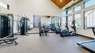 This single-floor fitness center offers a thoughtfully designed workout environment that balances architectural elegance with functional gym amenities. The space is immediately distinguished by its dramatic vaulted ceiling clad in warm natural wood with exposed beams, creating an open, airy atmosphere that feels far more spacious than a typical gym. A wall of large, multi-pane windows lines one side of the room, flooding the interior with abundant natural light and providing views of the surrounding outdoor community. The durable speckled rubber flooring throughout is both practical and visually cohesive. Cardio equipment is a focal point, with multiple treadmills, ellipticals, and a recumbent bike lined up to take advantage of the natural light and outdoor views. A strength training area features a multi-functional cable machine, free weights, a tiered dumbbell rack, and a workout bench, catering to a variety of fitness routines. A large wall mirror expands the perceived space and supports proper form during exercises. The standout decorative element is a bold, large-scale abstract mural in rich purple and neutral tones, adding an artistic touch to the otherwise clean, modern aesthetic. Entry is through sleek double glass doors, lending the space a polished, welcoming feel.