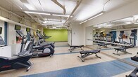 This exercise room at 7411 Yonge St in Markham, Ontario, provides a comprehensive fitness facility within a single, open-plan floor. The space is designed to accommodate a diverse range of workout activities, with distinct zones dedicated to cardio training and strength work. The flooring features a durable speckled rubber surface with blue accent strips that visually define different activity areas throughout the room.

The cardio section is well-appointed with multiple treadmills and elliptical trainers, each equipped with individual monitor screens for an enhanced workout experience. Adjacent to this zone, a dedicated cycling area houses stationary bikes, also fitted with personal display screens. A large wall mirror along one side of the room amplifies the sense of space and supports proper form during exercise.

The strength and functional training area is anchored by a multi-use cable machine, complemented by a medicine ball rack, stability balls, and adjustable weight benches. Artwork and motivational imagery are displayed on the walls, adding visual interest alongside the vibrant lime-green and teal accent walls. Overhead, exposed ductwork and fluorescent strip lighting illuminate the entire space efficiently, creating a bright and energetic atmosphere suited for an active fitness environment.