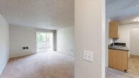Located in Aloha, Oregon, this one-bedroom, one-bathroom unit offers a thoughtfully organized single-floor layout designed for comfortable everyday living. The open living room is generously proportioned, featuring soft wall-to-wall carpeting, neutral toned walls, and a textured ceiling. A ceiling fan adds functionality to the space, while the open sightline to the kitchen creates a connected, airy feel. The kitchen is efficiently designed with warm wood-toned cabinetry, dark granite-style countertops, tile flooring, and stainless steel appliances including a full-size refrigerator and range. Ample upper and lower cabinet storage ensures practical use of the space. A dedicated laundry area adds everyday convenience. The bedroom is a quiet, carpeted retreat with a window that allows natural light and views of the surrounding greenery, complemented by a closet for storage. The bathroom features tile flooring, a full soaking tub with shower, a wood-toned vanity with dark countertop, and clean white fixtures throughout. Neutral finishes and a consistent color palette unify the space, creating a clean and functional home in a residential Aloha neighborhood.
