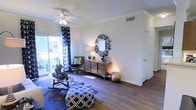 This single-floor living space showcases a thoughtfully designed interior that balances comfort and style. The main living area features rich hardwood-style flooring that extends throughout, complemented by crisp white walls adorned with elegant crown molding that adds a refined architectural touch. A ceiling fan with a light fixture is centrally mounted, providing both air circulation and ambient lighting.

Natural light floods the space through a large sliding glass door dressed with bold navy and white patterned curtains, offering direct access to an outdoor area and framing views of the exterior surroundings. The room is well-proportioned, offering ample space for a variety of furniture arrangements.

A decorative circular mirror with an artistic starburst-style frame serves as a focal point on one wall, mounted above a mid-century modern wooden credenza that adds warmth and character. Neutral-toned walls provide a versatile backdrop, allowing decor and furnishings to stand out. The space is finished with clean white baseboards and interior doors, contributing to a cohesive, polished aesthetic throughout. Overall, the living area conveys a welcoming and stylish ambiance.