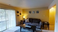 This single-floor space features a living room designed for comfort and casual living. The room is anchored by a plush, dark gray sofa accented with a decorative pillow, positioned facing a rectangular wood-and-metal coffee table resting on a textured area rug. The warm yellow walls create an inviting atmosphere, complemented by neutral carpeted flooring throughout. A small side table with a lamp provides soft ambient lighting, adding warmth to the space. On the opposite wall, three decorative art pieces in coordinating blue tones serve as a focal point, adding visual interest. A side table is positioned to the right of the sofa, offering additional surface space. Natural light filters into the room through vertical blinds along the left wall, suggesting a sliding door or large window that likely provides access to an outdoor area. Wall-mounted shelving near the window adds functional storage and display space. Overall, the living room presents a practical and comfortable layout, well-suited for everyday relaxation and casual entertaining.