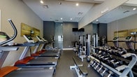 This modern fitness center is designed to support a comprehensive workout experience within a single, thoughtfully arranged space. The room features a dark, sophisticated color palette with deep gray walls and a light ceiling accented by recessed lighting, creating a focused and energizing atmosphere.

Along one side of the room, a row of FreeMotion treadmills and an elliptical trainer provide ample cardio options. A rustic wood-panel accent wall adds a warm contrast to the otherwise sleek, contemporary aesthetic. Mounted televisions are positioned throughout the space, allowing members to stay entertained during their workouts.

The strength training area is well-appointed, featuring a cable and multi-functional weight machine alongside a dedicated free weight section with a full dumbbell rack offering a wide range of weights. An adjustable bench provides versatile options for resistance exercises.

Floor-to-ceiling mirrors line one wall, enhancing the sense of openness and allowing users to monitor their form. The flooring is a durable, dark rubberized surface suited for high-traffic fitness use. A glass-paneled partition at the rear of the space adds a polished architectural detail while subtly separating functional zones. Overall, the facility is clean, modern, and comprehensively outfitted for both cardio and strength training.