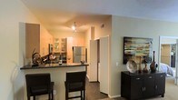 This single-floor residence offers a well-appointed, open-concept layout that seamlessly connects the kitchen and living areas. The kitchen is a standout feature, equipped with stainless steel appliances, including a full-size refrigerator, and complemented by sleek dark granite countertops. A breakfast bar with bar-height seating provides a casual dining option and serves as a natural dividing point between the kitchen and the living space. Light wood cabinetry with open shelving adds both storage and visual warmth to the kitchen area, while track lighting overhead ensures the space is well-lit. The cabinetry design incorporates glass-front upper cabinets, adding a refined touch to the overall aesthetic. The living area flows naturally from the kitchen, offering a comfortable and versatile space. Neutral wall tones throughout create a warm and inviting ambiance, enhanced by the recessed and track lighting that casts a soft glow across the interiors. The unit also features a conveniently located interior doorway, suggesting easy access to additional rooms. Overall, the space delivers a modern, functional design that balances everyday practicality with contemporary style.