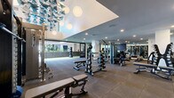 Located at 12888 Crenshaw Blvd in Gardena, California, this generously sized fitness center offers a comprehensive and well-appointed exercise facility across a single expansive floor. The interior is characterized by soaring ceilings in the free weights area, accented by striking geometric sculptural installations in blue and white tones, alongside spherical pendant lighting that creates a visually dynamic atmosphere. Floor-to-ceiling glass walls on one side flood the space with natural light and provide open views to the adjacent outdoor area, enhancing the overall sense of openness.

The exercise floor is finished with durable rubber sport tile throughout and features a wide range of equipment organized into distinct zones. The strength training area includes multiple power racks with Olympic barbells and bumper plates, adjustable benches, a multi-station cable machine, and a full dumbbell rack. A dedicated cardio zone houses treadmills, elliptical machines, and a stationary bike, all positioned in front of a large wall-mounted display screen and floor-to-ceiling mirrors that amplify the space. An outdoor turf terrace extends the facility beyond its interior walls, featuring turf flooring, raised planter beds with lush greenery, and additional functional training equipment. Together, these spaces deliver a modern, full-service fitness environment.