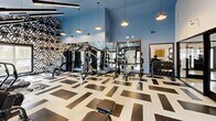 Located at 425 Riverbend Pkwy in Athens, Georgia, this fitness center is a well-appointed, single-floor space designed to support a comprehensive workout experience. The room immediately impresses with its soaring vaulted ceiling finished in a striking blue, which adds a sense of openness and energy to the environment. A combination of sleek linear pendant lights and dome-style hanging fixtures provides bright, even illumination throughout.

The flooring features a bold geometric pattern in black, white, and speckled terrazzo-style tile, adding a dynamic visual element that complements the modern aesthetic. Large windows along the perimeter invite abundant natural light and offer views of the surrounding wooded landscape, creating an energizing atmosphere.

The space is divided into distinct functional zones. A cardio area is equipped with treadmills, ellipticals, a stair climber, and a rowing machine, all positioned near the windows. The strength training section houses a multi-station cable machine, a power rack with barbells, a full dumbbell rack, and various benches. A separate zone features resistance and functional training equipment, including suspension trainers, medicine balls, and exercise balls stored on a dedicated rack. Full-length mirrors along one wall enhance spatial perception, while a bold, abstract black-and-white accent wall serves as a striking visual focal point.