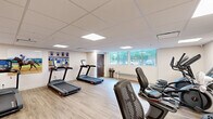 This fitness center in Lexington, Kentucky, offers a efficiently organized single-room exercise space designed to accommodate a variety of cardio-focused workouts. The room features light wood-look flooring throughout, providing a clean and modern aesthetic that complements the bright white walls and drop-tile ceiling equipped with recessed LED panel lighting.

A row of windows along one wall admits natural light and provides outdoor views of surrounding greenery, enhancing the open feel of the space. The center is outfitted with multiple treadmills, upright stationary bikes, and elliptical machines, all arranged to allow comfortable circulation. A wall-mounted flat-screen television is positioned for easy viewing during workouts.

A seating bench along the windowed wall provides a rest area, while a waste receptacle is conveniently located nearby. The walls are decorated with colorful equestrian-themed artwork, a nod to Lexington's renowned horse country heritage. A solid wood entry door with an automatic opener ensures accessibility. The overall ambiance is clean, functional, and welcoming, making it a practical facility for daily fitness routines.