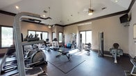 This fitness center offers a comprehensive workout environment designed to accommodate a variety of exercise routines. The space features vaulted ceilings with a ceiling fan and pendant lighting, contributing to an open, airy atmosphere. Large windows along multiple walls allow natural light to fill the room, creating a bright and energizing setting.

The floor is covered with durable rubber matting, providing traction and cushioning across the workout area. Cardio equipment is well-represented, with stationary bikes, treadmills, and elliptical machines positioned throughout the space. A multi-station cable and weight machine serves as a central strength training fixture, complemented by a flat weight bench and free weights. Stability balls add versatility for functional training exercises.

The layout is thoughtfully arranged to allow users to move freely between equipment without crowding. Neutral-toned walls and dark trim accents give the space a clean, polished look. Overall, this fitness center provides a practical and well-appointed environment suitable for a full range of fitness activities.