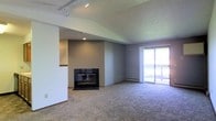 This single-floor space is defined by its vaulted ceiling, which rises over the main living area and contributes to a sense of openness and airiness. The ceiling features a textured finish on one side and a smooth white surface on the vaulted portion, with track lighting installed along the upper edge to provide adjustable illumination throughout the room. A built-in fireplace with a black surround serves as a focal point along the interior wall, flanked by a partial wall divider that subtly separates the living area from an adjacent space, which includes a small built-in shelf or counter detail. The floors throughout are covered in wall-to-wall carpeting in a neutral tone, adding warmth underfoot. A sliding glass door along the far wall floods the room with natural light and provides direct access to an outdoor deck or balcony area, offering views to the exterior. A baseboard heater runs beneath the sliding door, indicating an efficient heating setup. The overall color palette is neutral, with gray-toned walls that complement the carpeting and create a calm, cohesive atmosphere throughout the space.