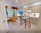 This 370 square foot studio apartment showcases a thoughtful design that maximizes every inch of space. The open-plan layout creates a seamless flow between the living areas, enhancing the sense of spaciousness. The modern kitchen is a standout feature, boasting light wood cabinetry, stainless steel appliances, and a compact island with seating for two. White subway tile backsplash and recessed lighting add a contemporary touch.

The bedroom area, while not separated by walls, is well-defined and inviting. It features a comfortable bed with vibrant red accents, flanked by nightstands and illuminated by large windows that flood the space with natural light. Stylish artwork and a cozy seating area complete the bedroom's ambiance.

The bathroom is sleek and functional, with a glass-enclosed shower, modern fixtures, and ample storage. Light wood flooring throughout the apartment creates a cohesive look, while strategic placement of mirrors and reflective surfaces enhances the perception of space. Despite its compact size, this studio apartment offers a harmonious blend of style and practicality, perfect for urban living.