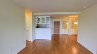 This single-floor space offers a clean, open-concept layout designed to maximize flow and functionality. Warm hardwood flooring runs throughout, lending a sense of continuity and warmth across the entire space. The kitchen features a half-wall peninsula with a granite or stone-look countertop, providing both a practical workspace and a natural divider between the kitchen and the main living area. Upper cabinetry with glass-front doors adds a classic touch while keeping the space feeling light and airy. Recessed lighting in the kitchen area ensures ample illumination for food preparation. Adjacent to the kitchen, a solid wood door leads to an additional room or utility space, adding to the overall practicality of the layout. Toward the far end of the open living area, glass display shelves are mounted on the wall, offering a stylish and functional storage solution. A pendant light fixture adds a decorative focal point to this area. The white walls and bright ceiling throughout the space reflect natural and artificial light effectively, contributing to a clean, neutral aesthetic. The open floor plan allows for flexible furniture arrangement, making the space adaptable to a variety of uses and lifestyles.