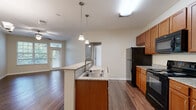 Located at 120 Cinema Dr in Hendersonville, Tennessee, this single-story residence offers a well-designed open-concept layout that seamlessly connects the kitchen and living areas. The kitchen is a functional centerpiece, showcasing warm wood cabinetry, granite-patterned countertops, a double-basin sink, and a full suite of black appliances including a refrigerator, range, microwave, and dishwasher. A peninsula with pendant lighting above provides additional counter space and acts as a natural divider between the kitchen and the main living area.

The living area features rich hardwood-style flooring that extends throughout the main spaces, a ceiling fan, and a door flanked by windows that invite natural light and offer a view of the lush greenery outside. The bedrooms are finished with plush carpeting and ceiling fans, creating a comfortable and quiet retreat. Neutral, warm-toned walls throughout the home provide a versatile backdrop suitable for a variety of interior styles.

The floor plan, as revealed in the dollhouse view, also includes a bathroom with warm wood vanity cabinetry and a walk-in shower area. Clean white panel doors and bright white trim are consistent throughout, adding a polished, cohesive finish to the overall design of this Hendersonville home.